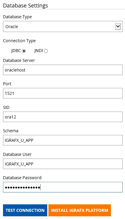 Database settings for Oracle on the Installation page