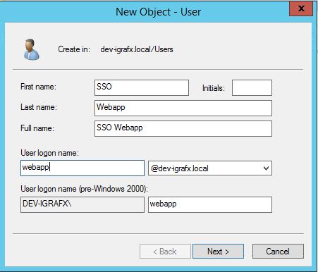 Creating the webapp user on the domain controller.