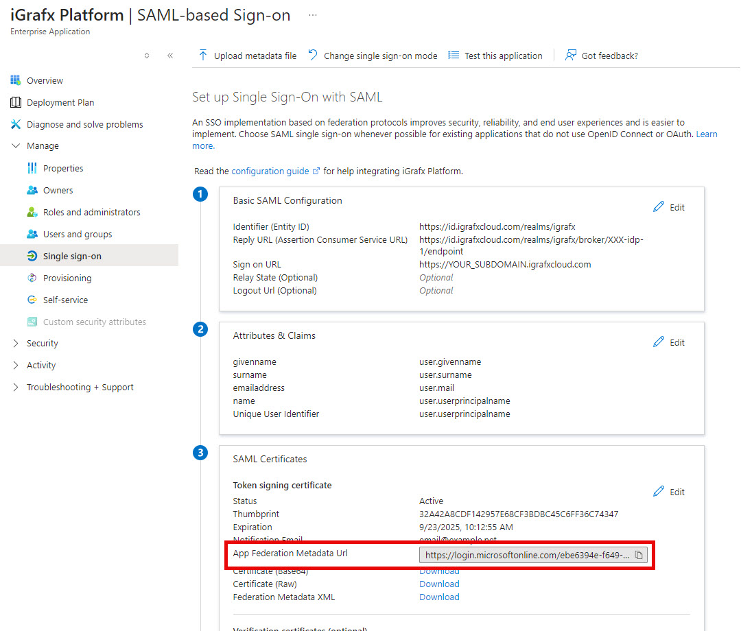 Copying the SAML metadata URL.