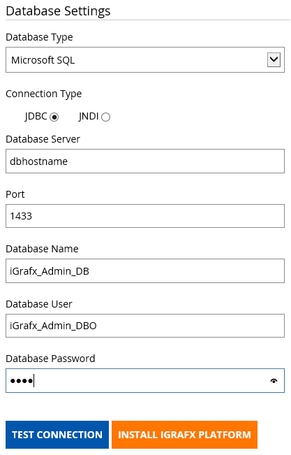 The Database Settings section of the Installation page for MS SQL.