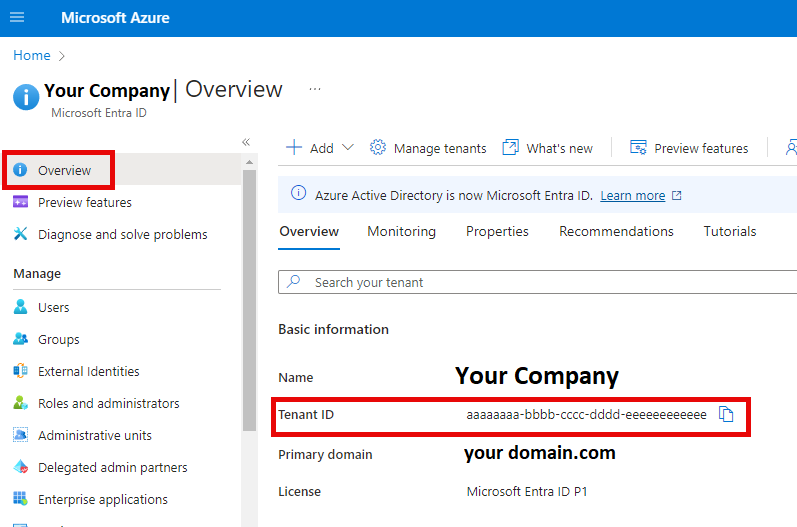 Copying the Tenant ID in Entra ID.