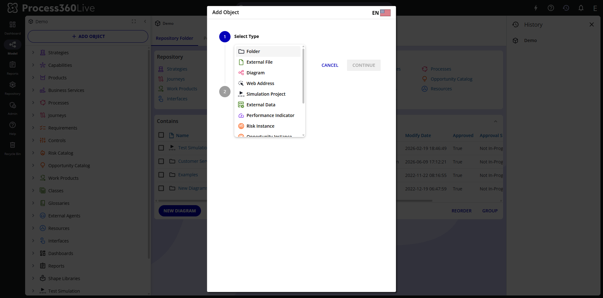 The Add Object dialog with the type list offered at the repository root.
