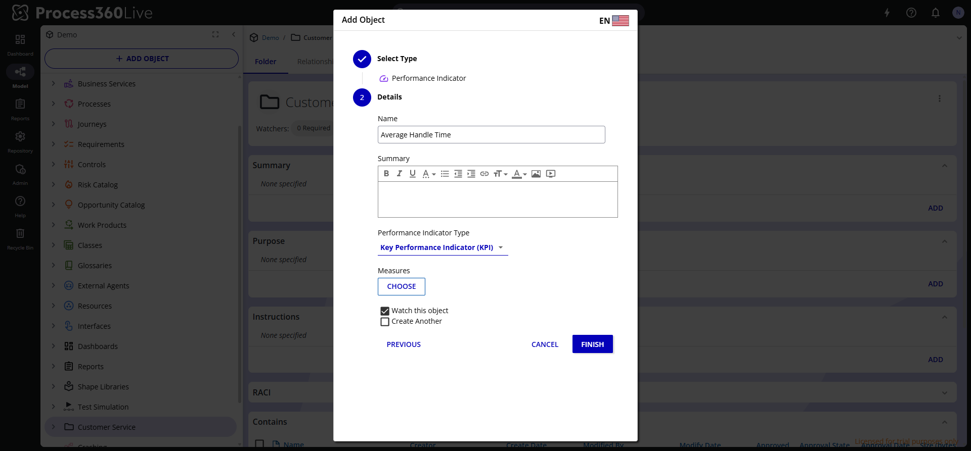 The Add Object dialog with Performance Indicator selected, showing the Name, Performance Indicator Type, and Measures fields.