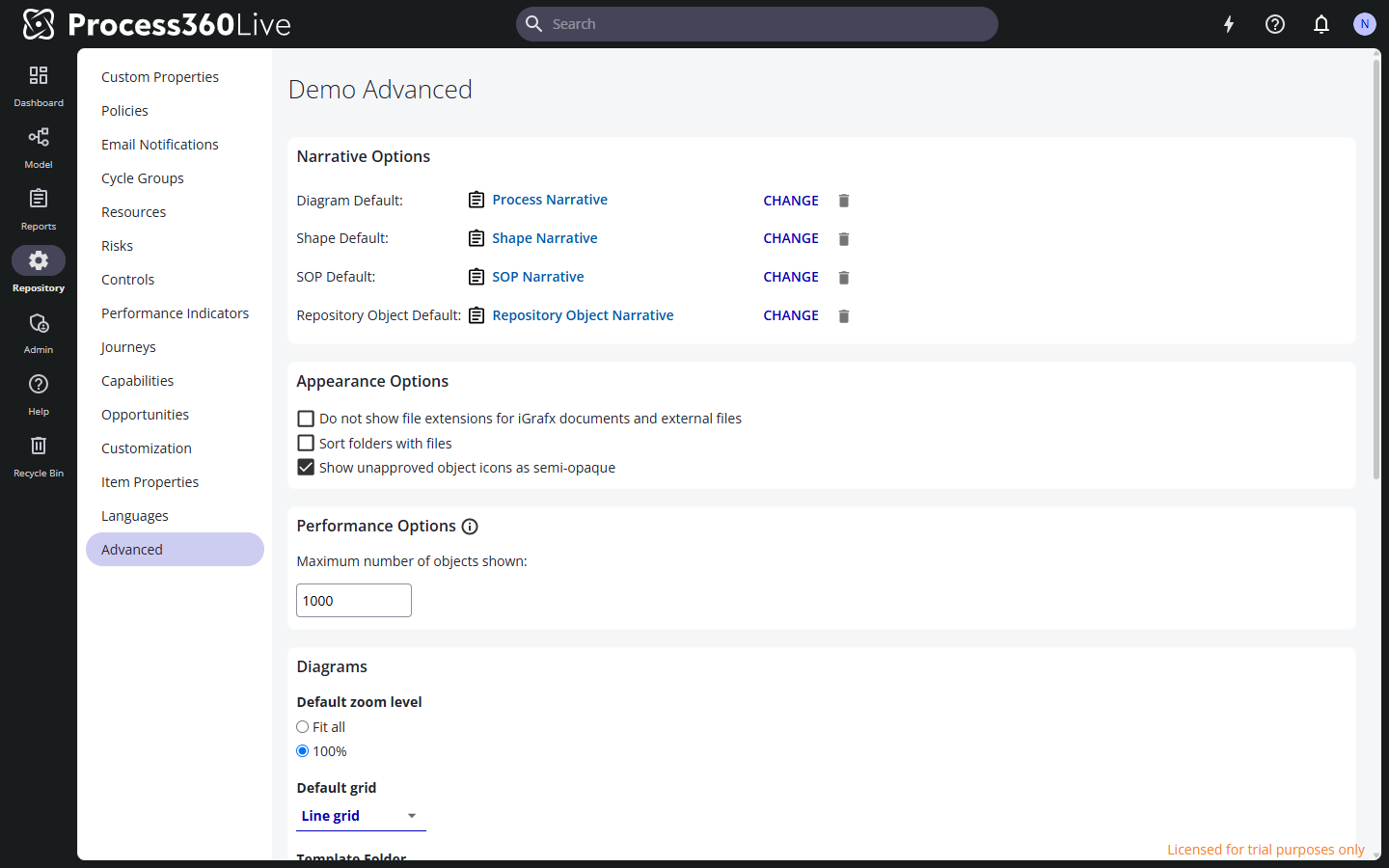 The Advanced page with the narrative, appearance, performance, and diagram sections.