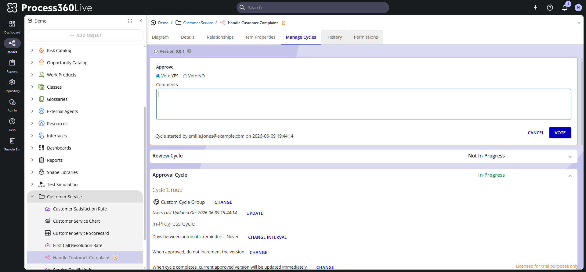 An open approval vote form with Vote YES selected, a comments box, and the Vote button.