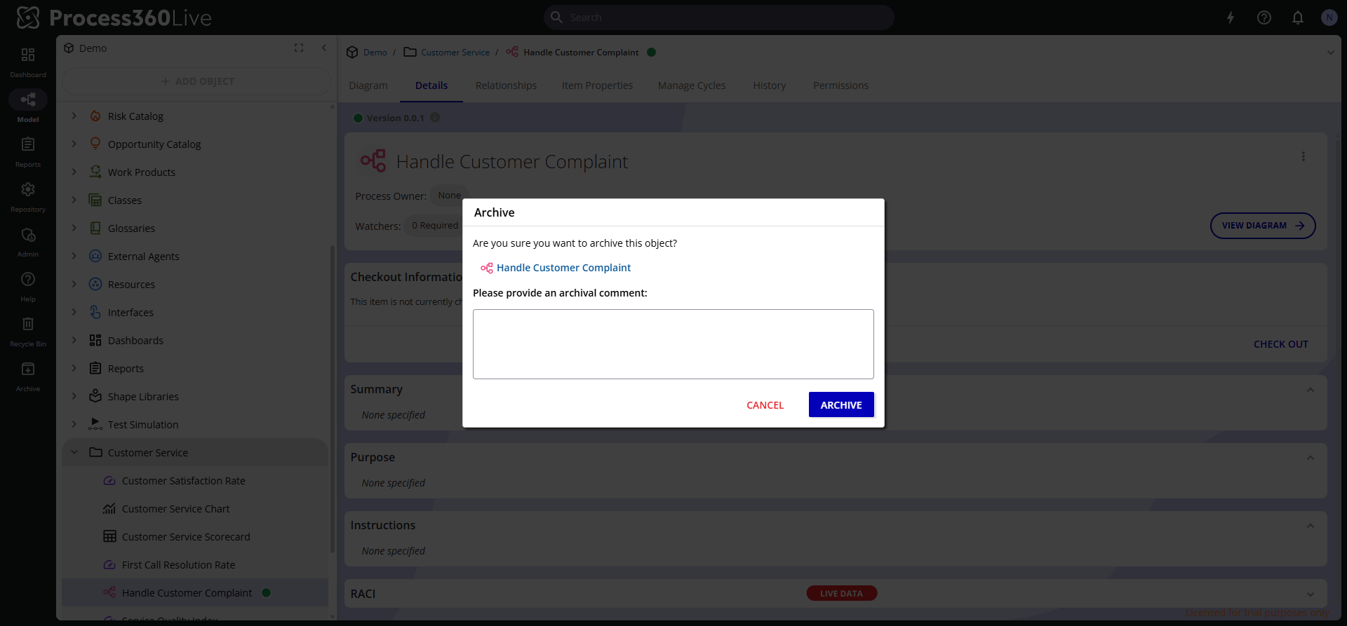 The Archive confirmation dialog asking for an optional archival comment before archiving a diagram.