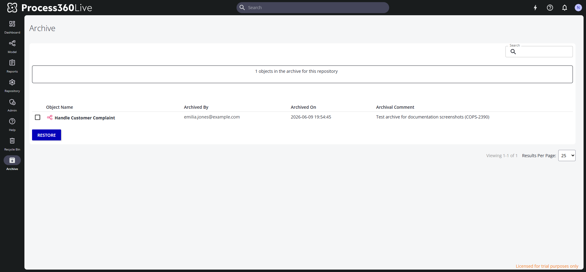 The Archive page listing an archived diagram with its archiver, archival date, and comment, and the Restore button.