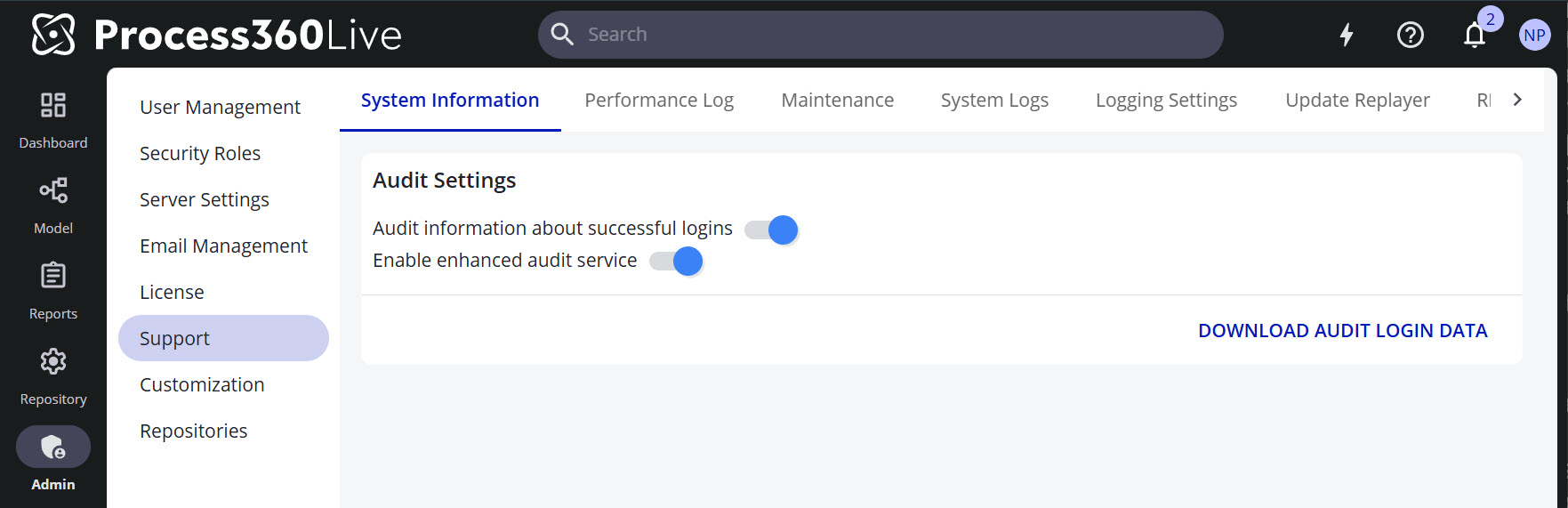 The Enhanced Audit Service section on the System Information page.
