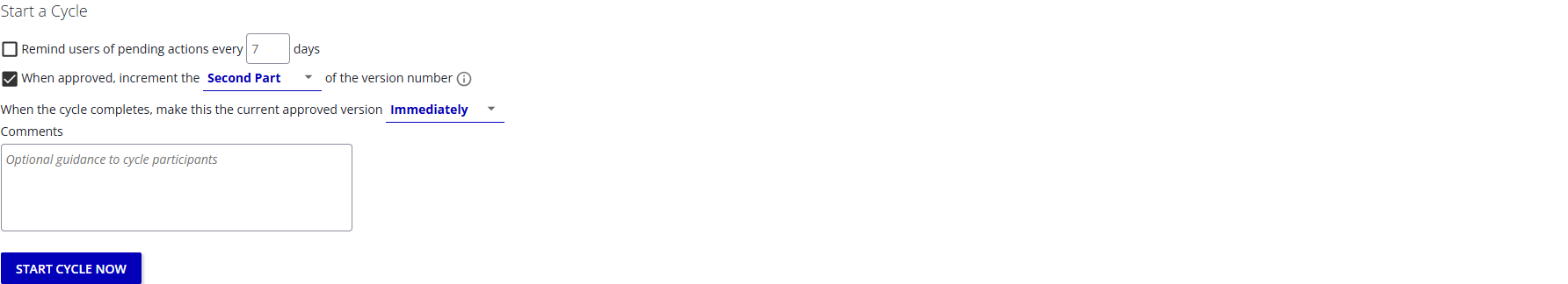 The bulk Approval Cycle start options with the increment checkbox selected and a Second Part version-part dropdown.