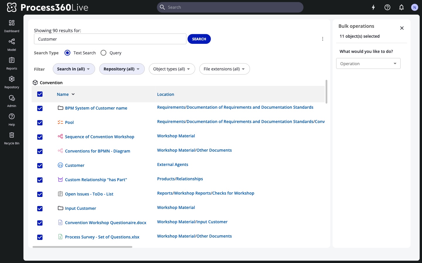 The search page with the bulk operations panel open and results selected.