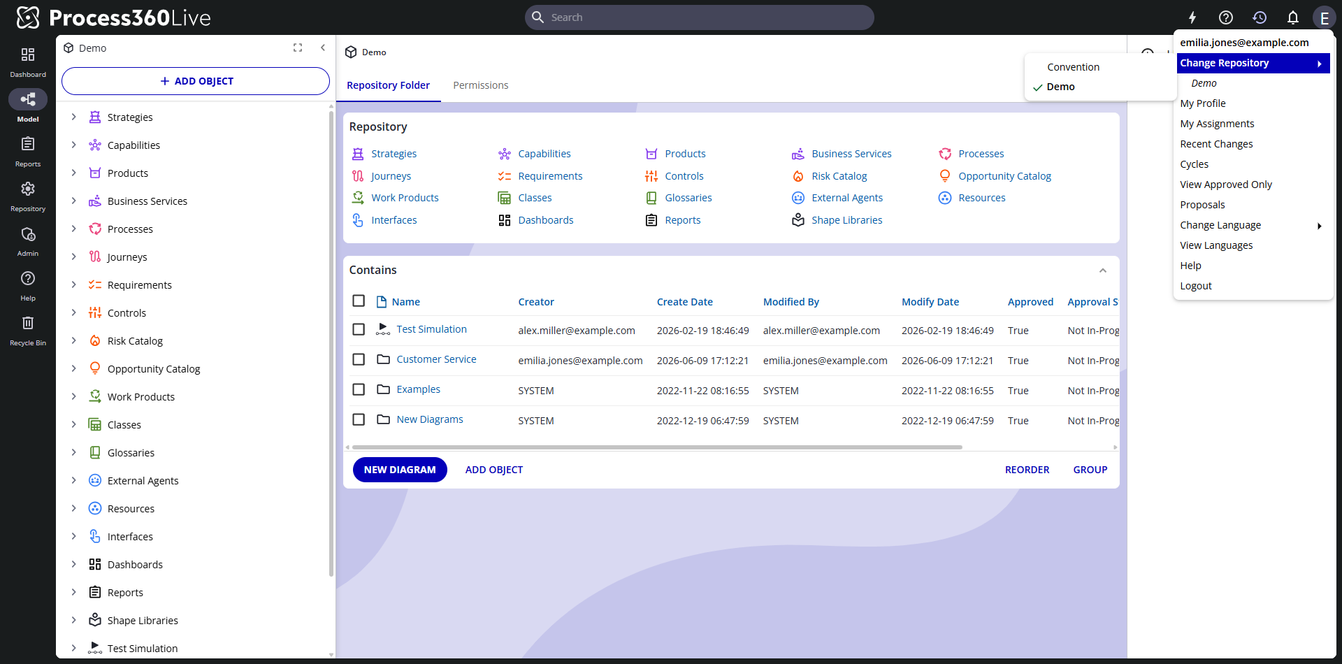 The user menu with Change Repository expanded, listing three repositories with the current one checked.