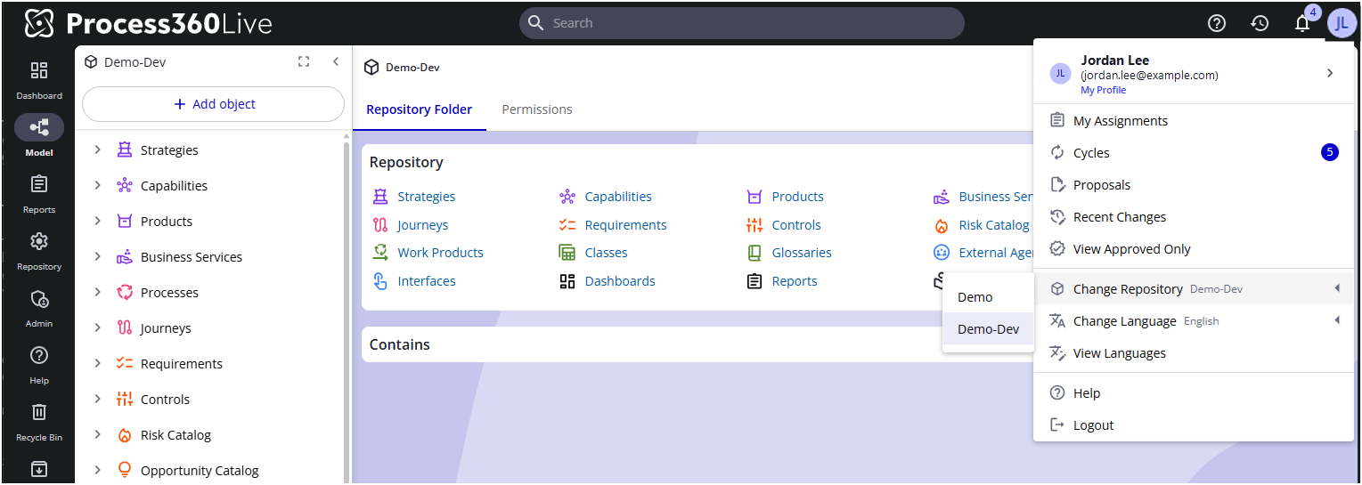The user menu with Change Repository expanded, listing the repositories you can access with the current one highlighted.