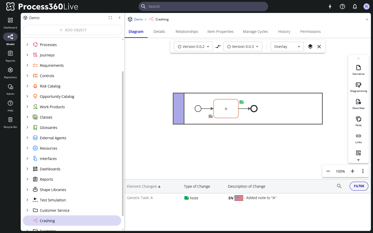 The version comparison with the overlay view, version selectors, and the change table with filter.