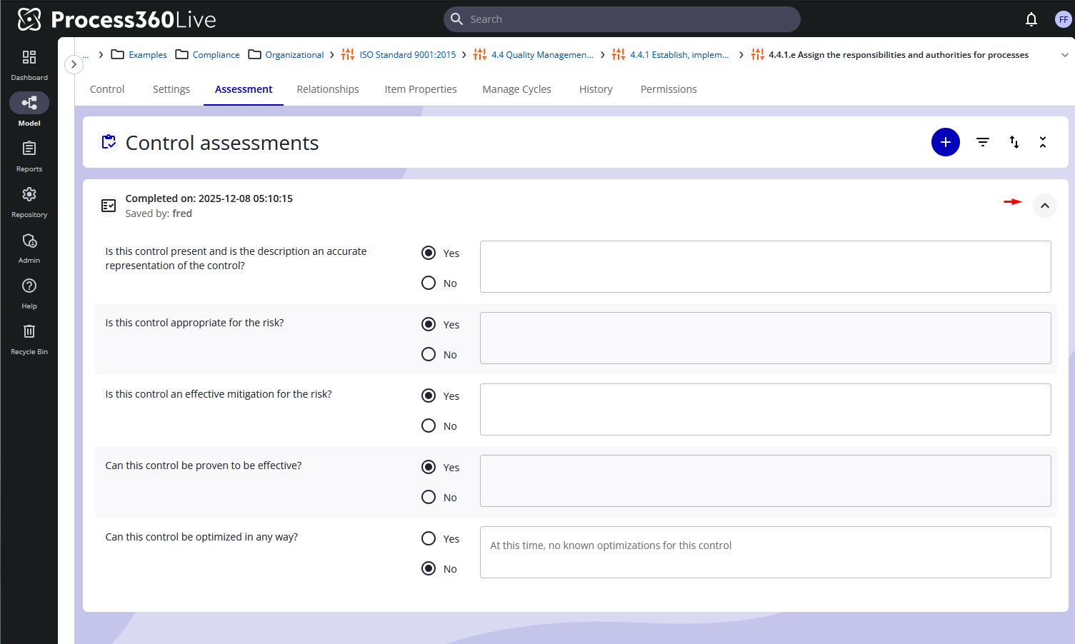 A completed control assessment showing the completion date, the assessor, and the five answered questions.