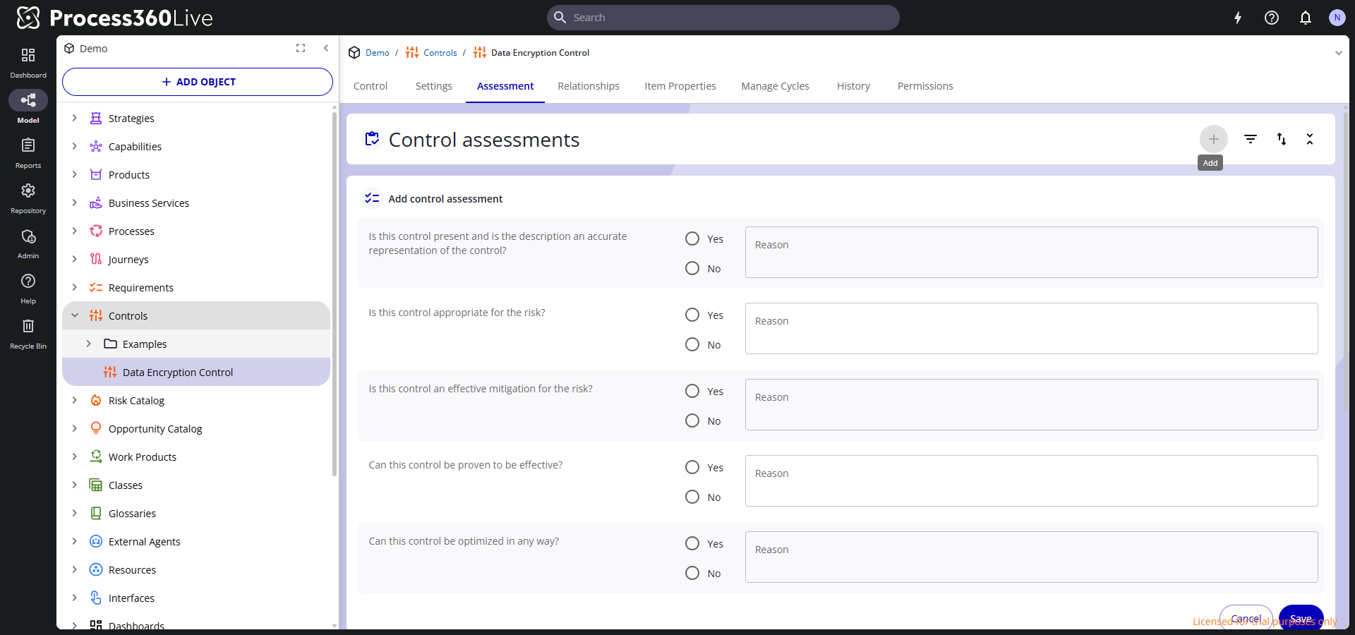 A new control assessment form with five Yes/No questions, each with an optional Reason field.