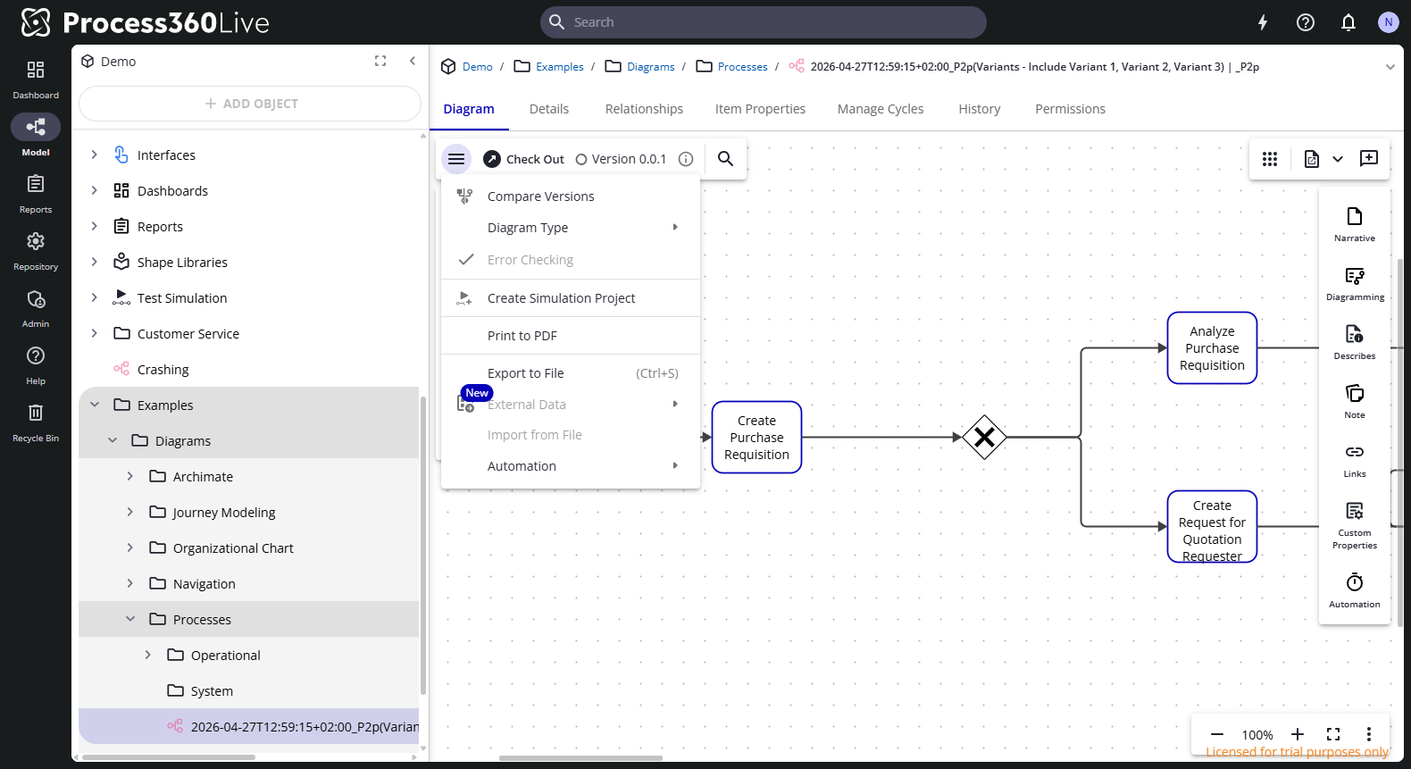 The diagram's Main Menu with the Create Simulation Project command.