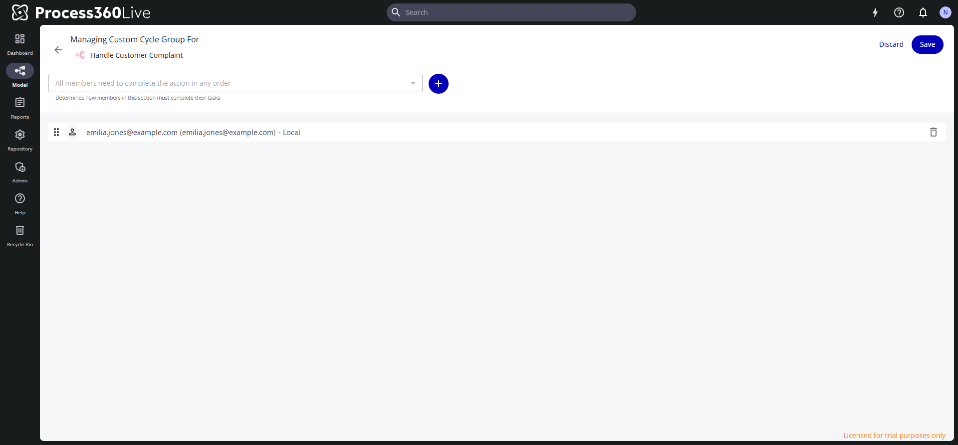 The custom cycle group editor with one member added and the completion requirement set to all members in any order.