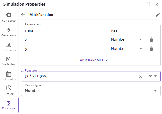 A custom function with two number parameters and a number return type.