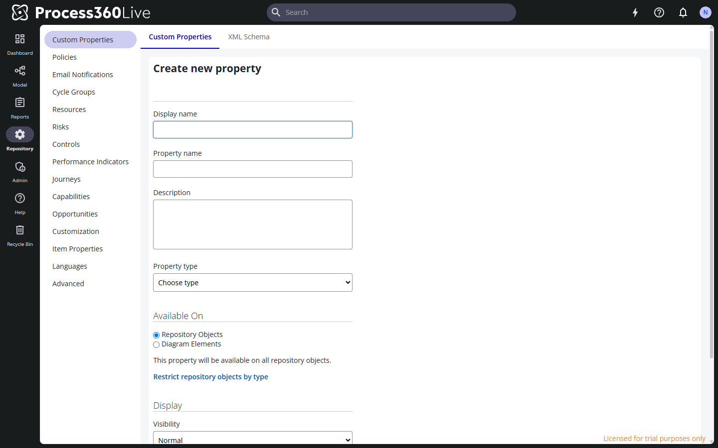 The create-property form with the basic settings, Available On, and Display sections.