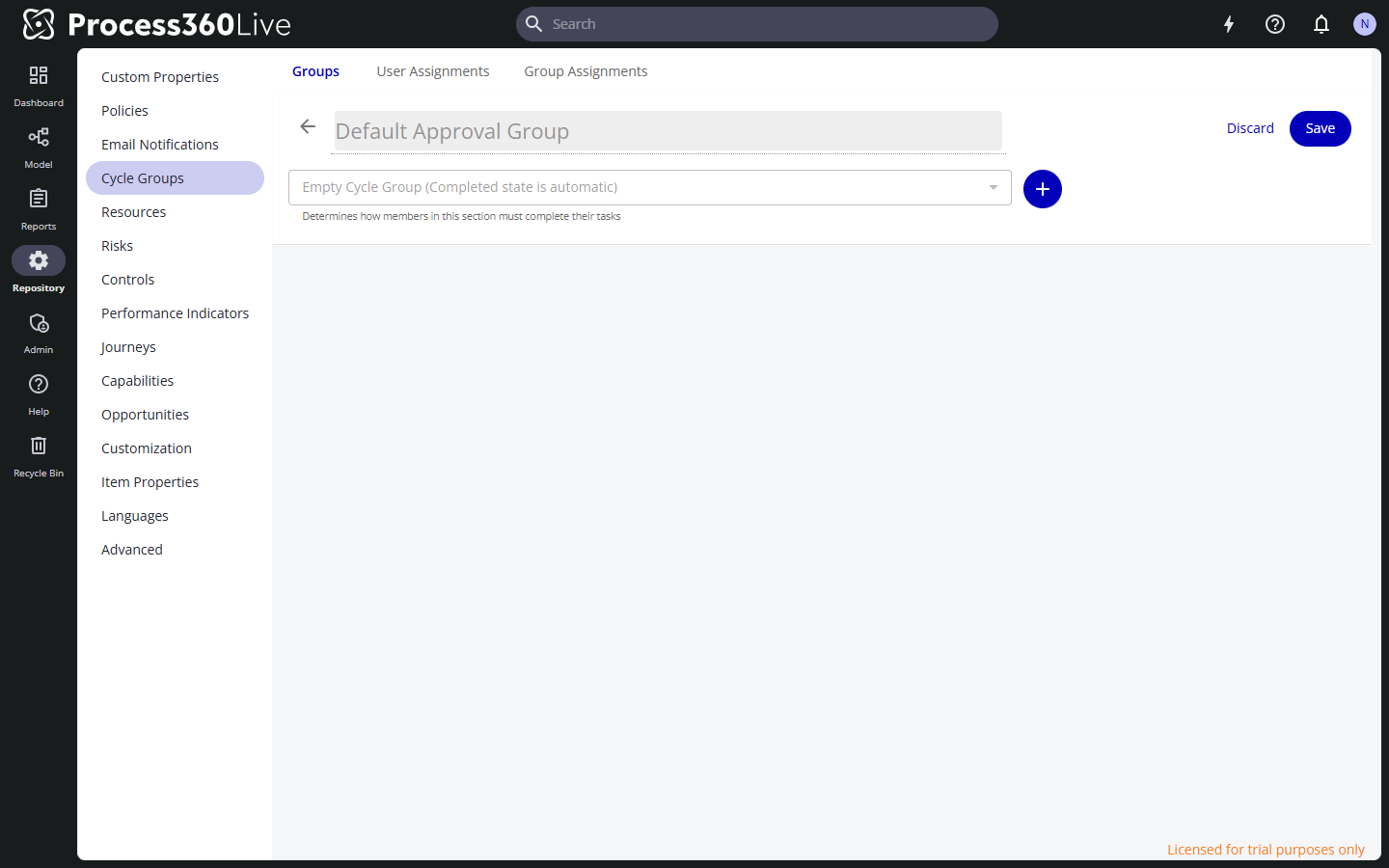 The cycle group editor with the completion requirement dropdown and the add button.