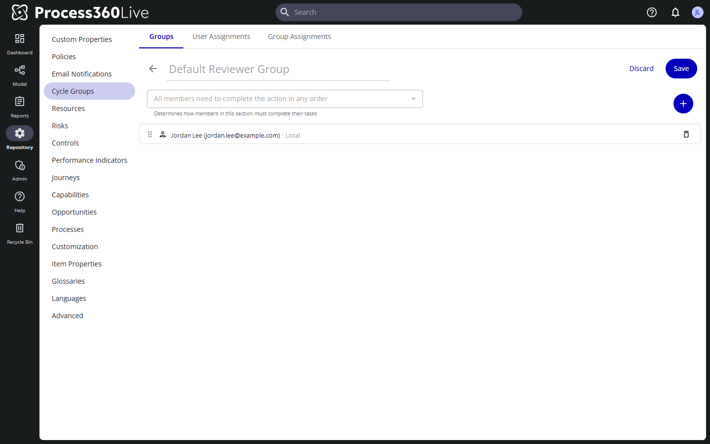 The cycle group editor with the completion requirement dropdown, a member row, and the plus icon that adds members.