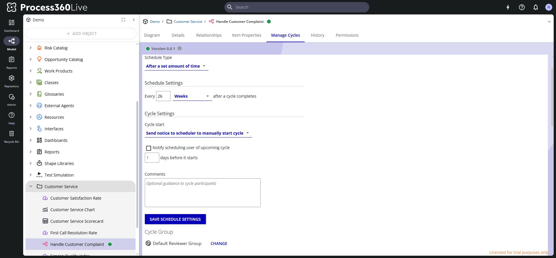 The cycle scheduling panel with schedule type, schedule settings, and cycle start options.
