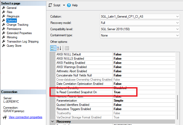The Is Read Committed Snapshot On option set to True in the database Options tab.