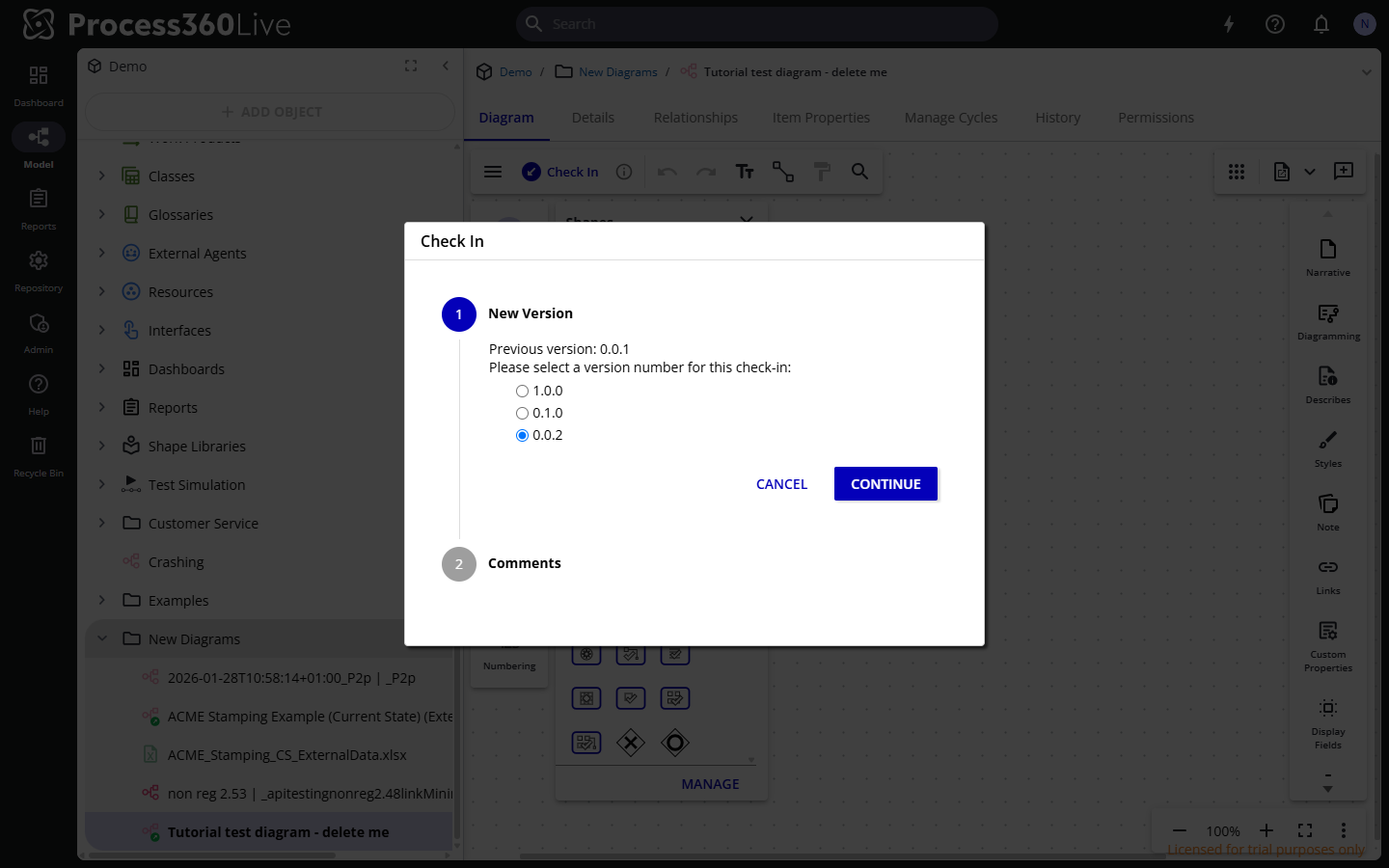The Check In dialog with the new version step and the version number choices.