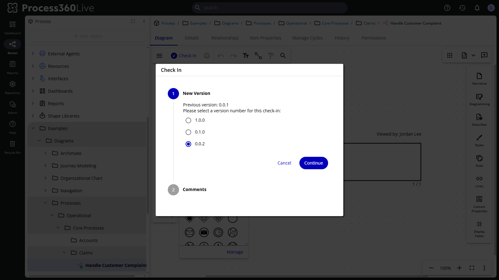 The Check In dialog with the new version step and the version number choices.