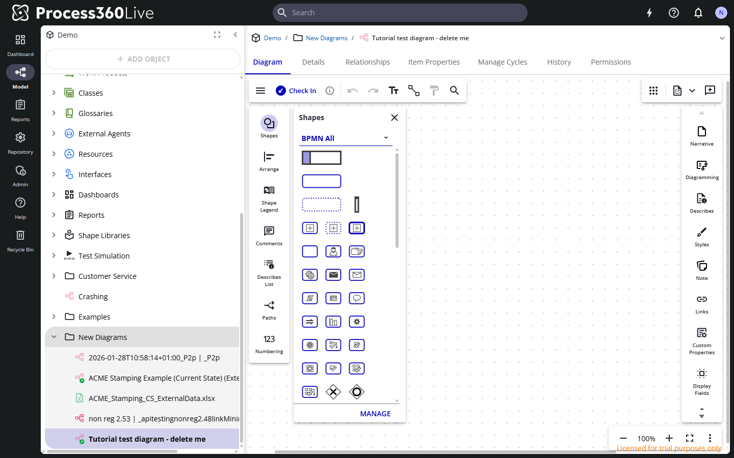 The diagram editor with the toolbar, the Shapes panel, and the side panel rails.