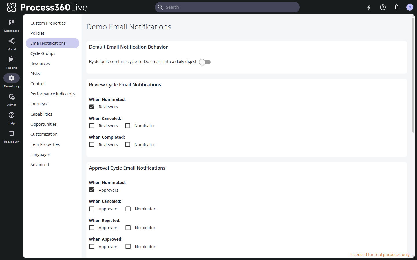 The Email Notifications page with per-cycle event checkboxes and the watched-object section.