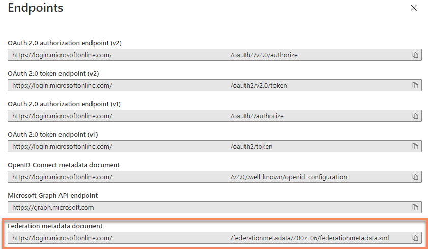 The endpoint list with the metadata URL.