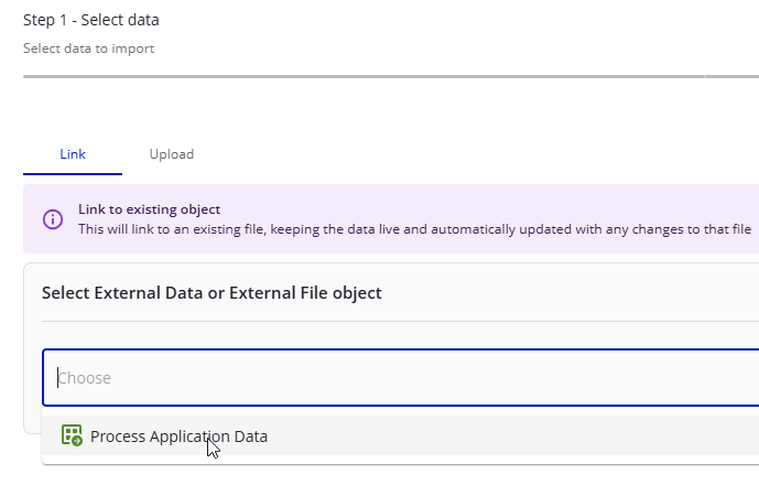 Step one of the Add External Data wizard with the Link and Upload options.