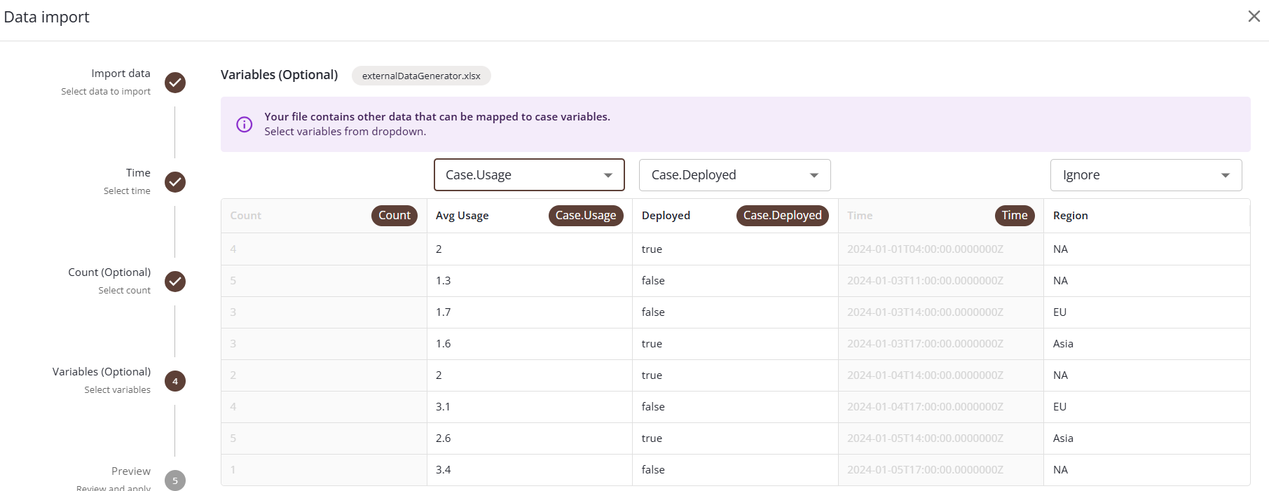 Mapping data columns to case variables.