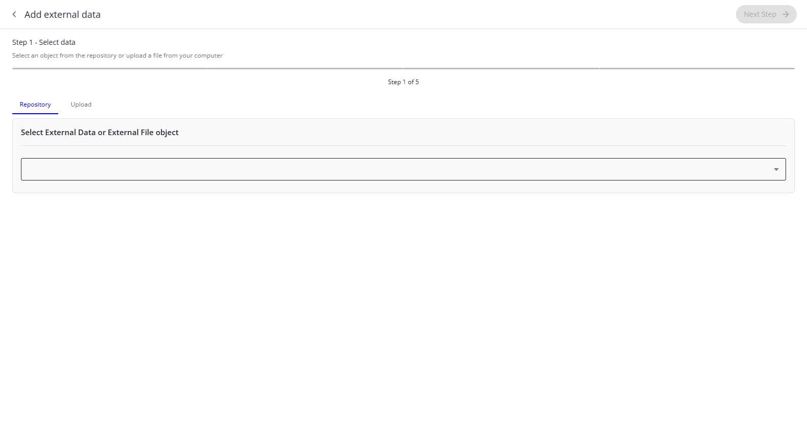 Step 1 of the Add external data wizard with the Repository and Upload options.