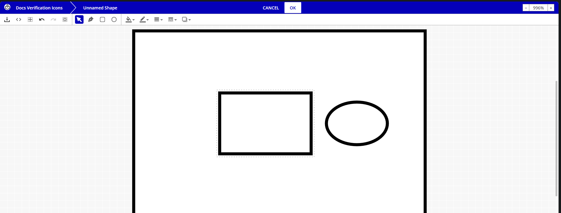 The Graphic Editor with a drawn rectangle selected, showing the drawing tools and the style controls in the toolbar.