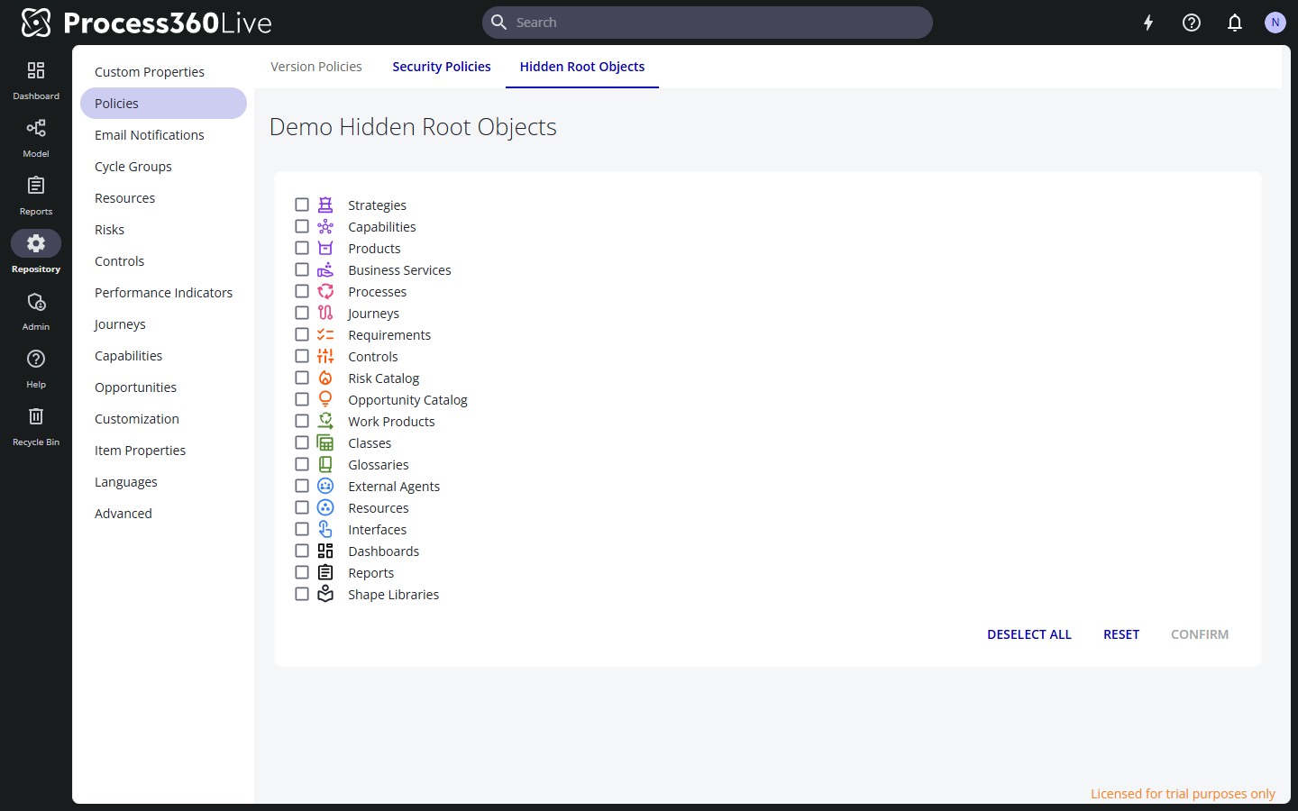 The Hidden Root Objects tab with the checkbox list of root folders.