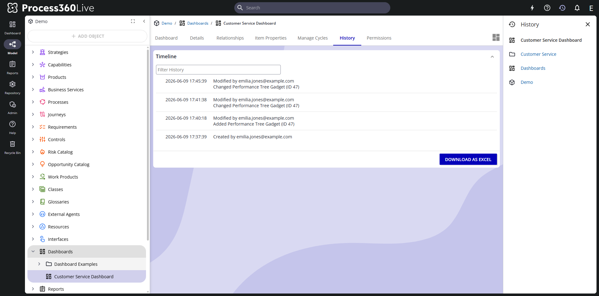 The History tab's timeline with creation, property change, and relationship entries.