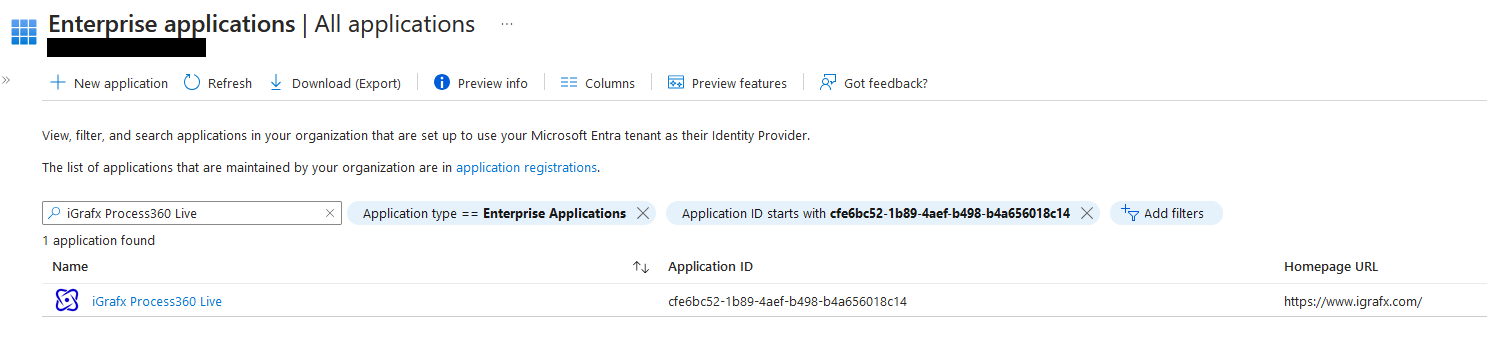 The iGrafx Process360 Live enterprise application in Entra ID.