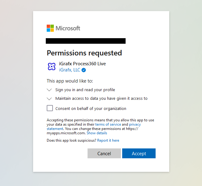The iGrafx admin consent screen with the consent checkbox.