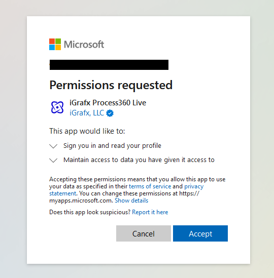 The iGrafx user consent screen.