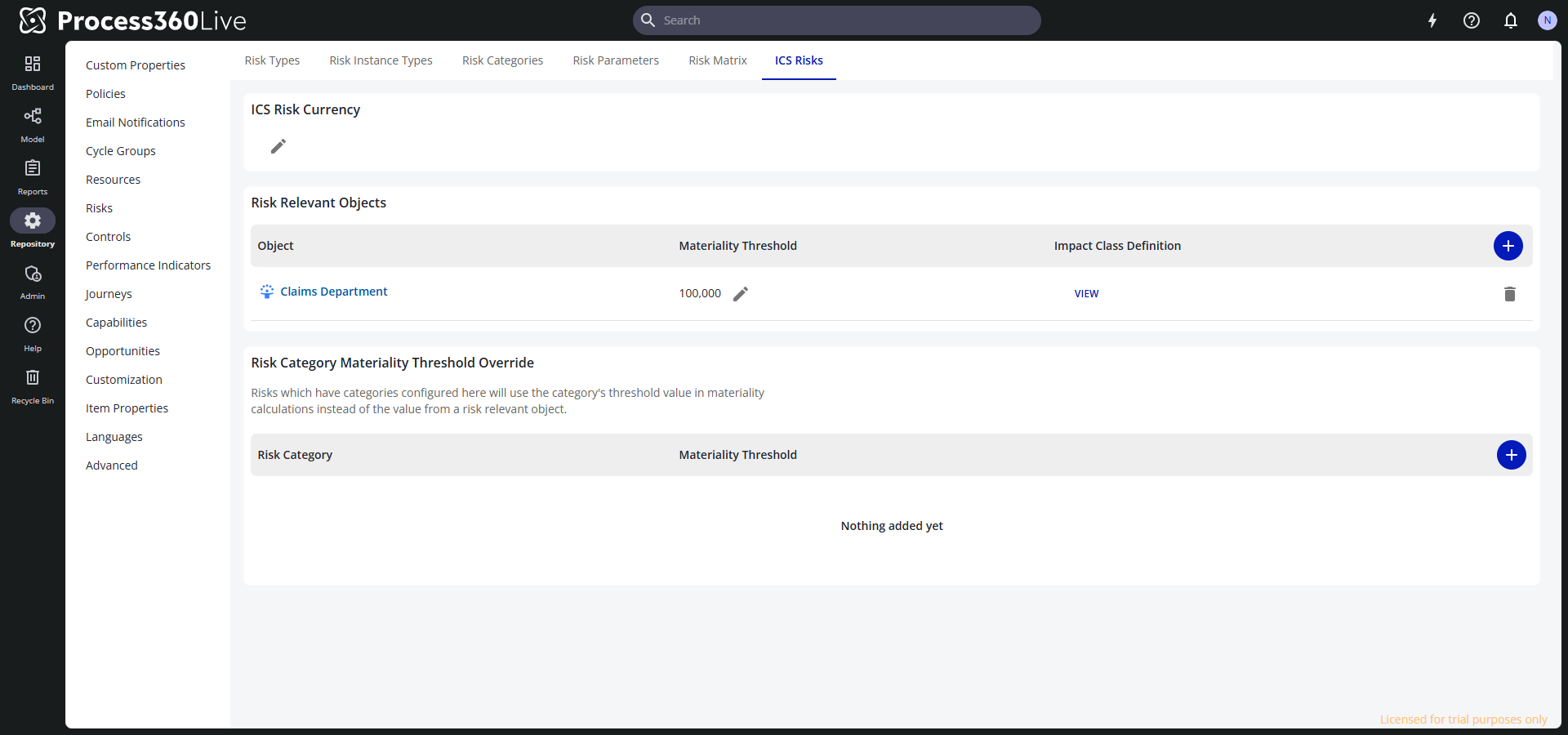 The ICS Risks tab in the repository configuration, with a configured risk-relevant object and the category threshold override section.