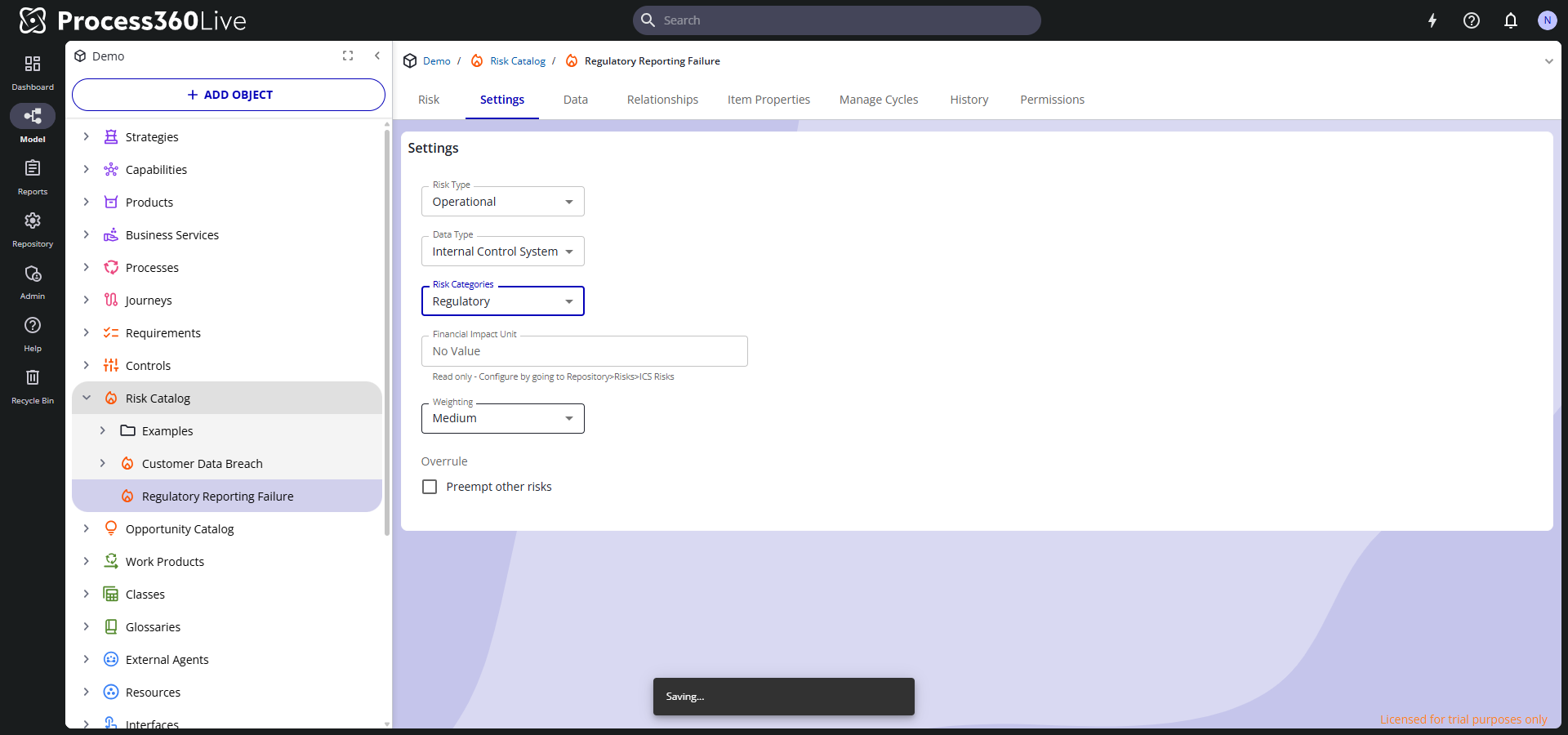 The Settings tab of an ICS risk: a single risk category, and the Financial Impact Unit read-only, configured under Repository, Risks, ICS Risks.