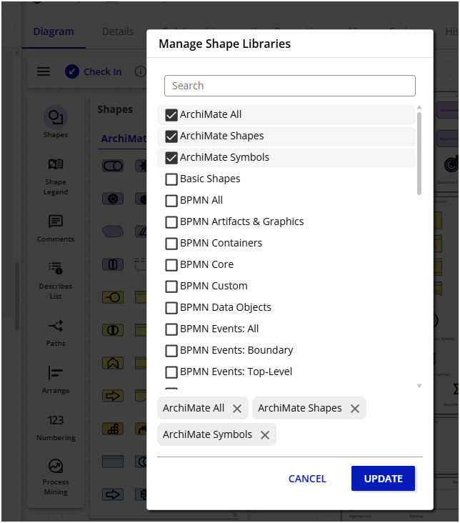 Selecting the ArchiMate libraries in the Manage Shape Libraries dialog.