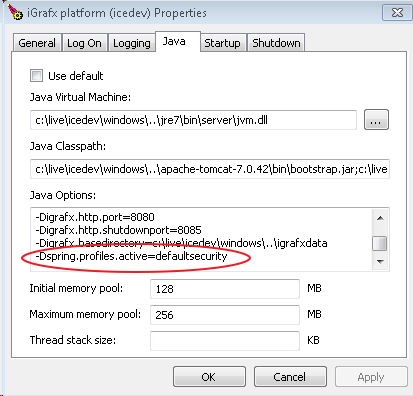 The Java tab of the service editor showing the spring.profiles.active setting.