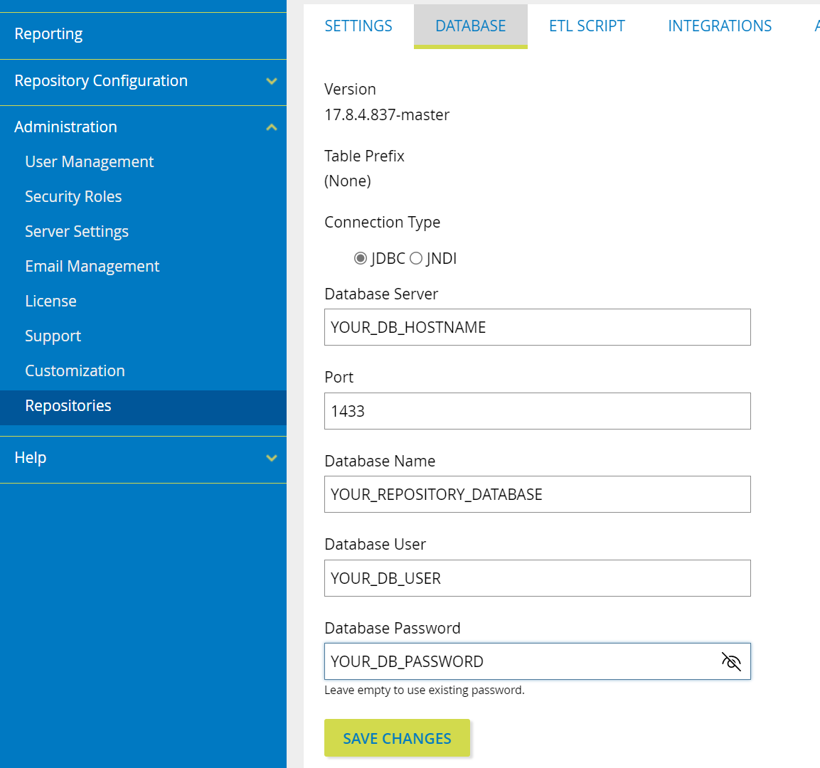 The Database tab of a repository showing its connection details.