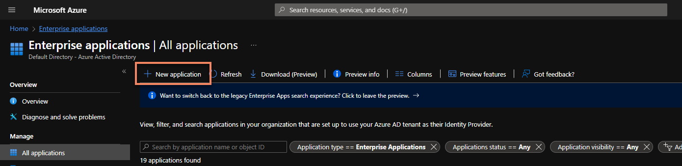 The New application button in Azure Enterprise Applications.