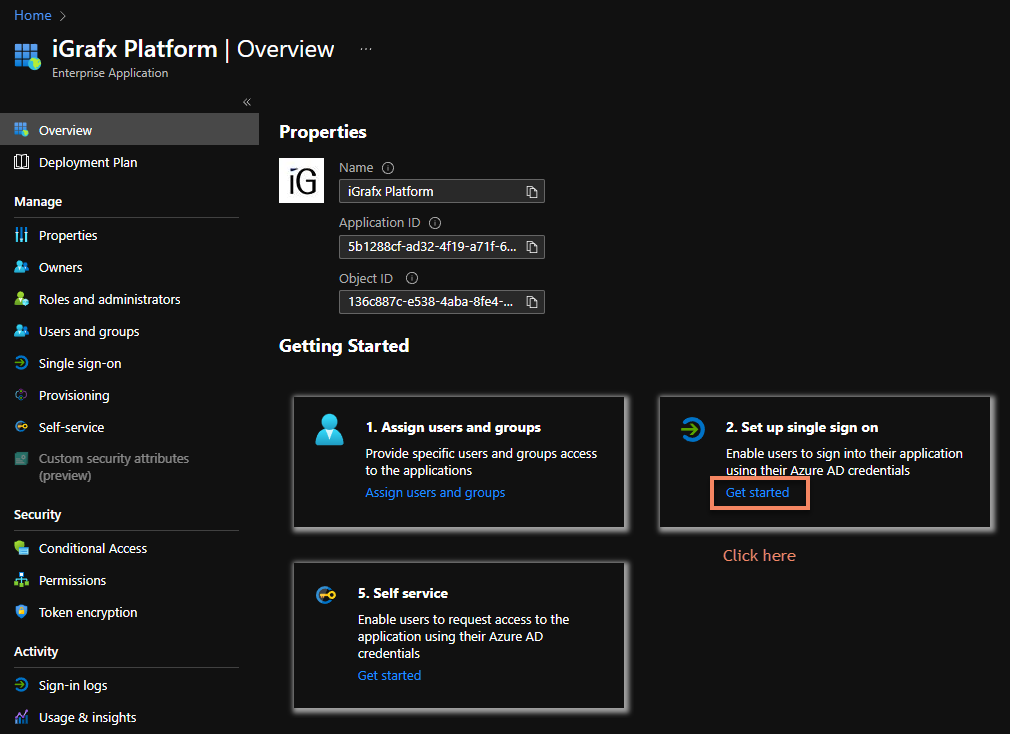 The Get started panel for the new application.