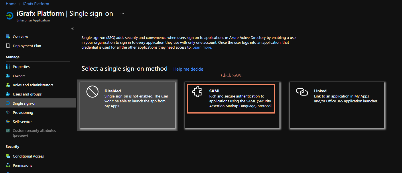 Selecting SAML as the sign-on method.