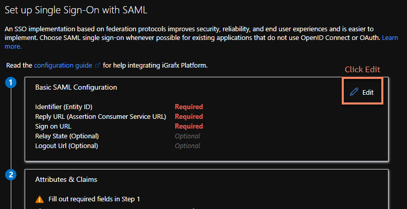 The Edit button on the SAML configuration.